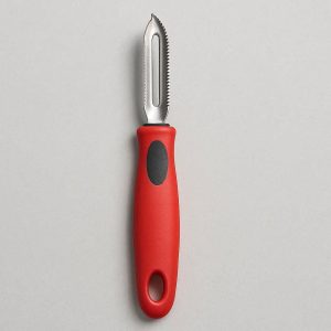 Serrated Fruit Peeler for Soft Skin Peeling Stainless Steel Blade for Tomatoes Peaches Kiwis with Comfortable Non Slip Grip Red Handle