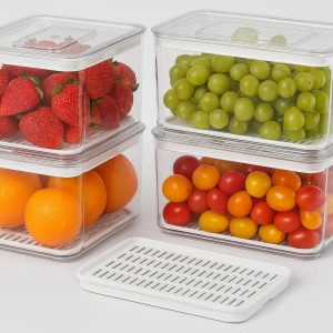 Refrigerator Storage Bins with Removable Drain Trays Set of 4 Clear Produce Saver Containers with Lids for Keeping Fruits Fresh