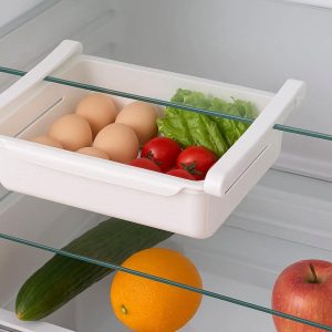 Pull Out Fridge Drawer Organizer Retractable Refrigerator Storage Box Hanging Drawer for Eggs Vegetables Fruit Space Saving Design White